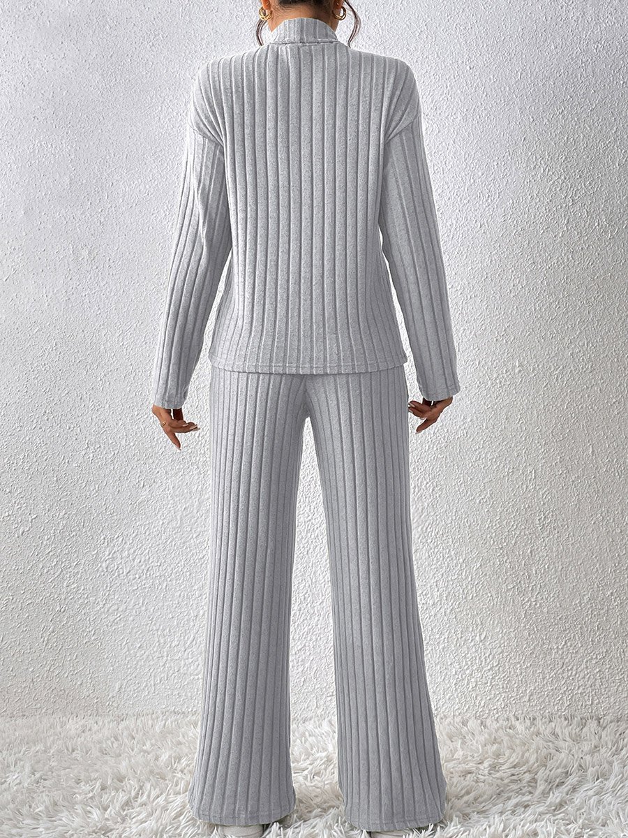 Grey Ribbed Knit Top and Wide Leg Pants Co-ords
