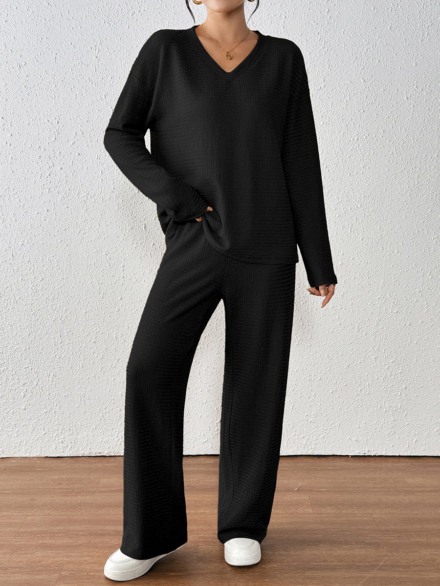 Women Black Textured T-Shirt and Pants Co-Ords
