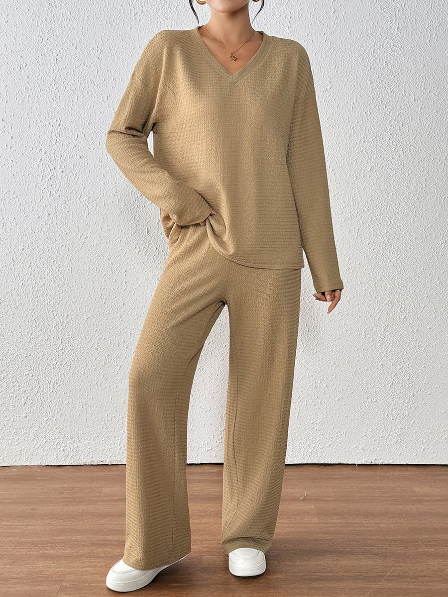 Textured V Neck Top and Straight Leg Pants Co-Ords