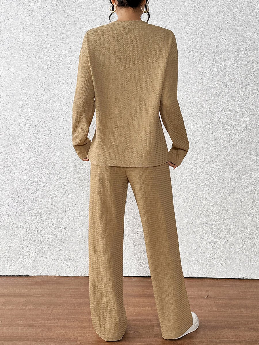 Textured V Neck Top and Straight Leg Pants Co-Ords