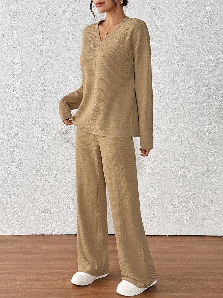 Textured V Neck Top and Straight Leg Pants Co-Ords