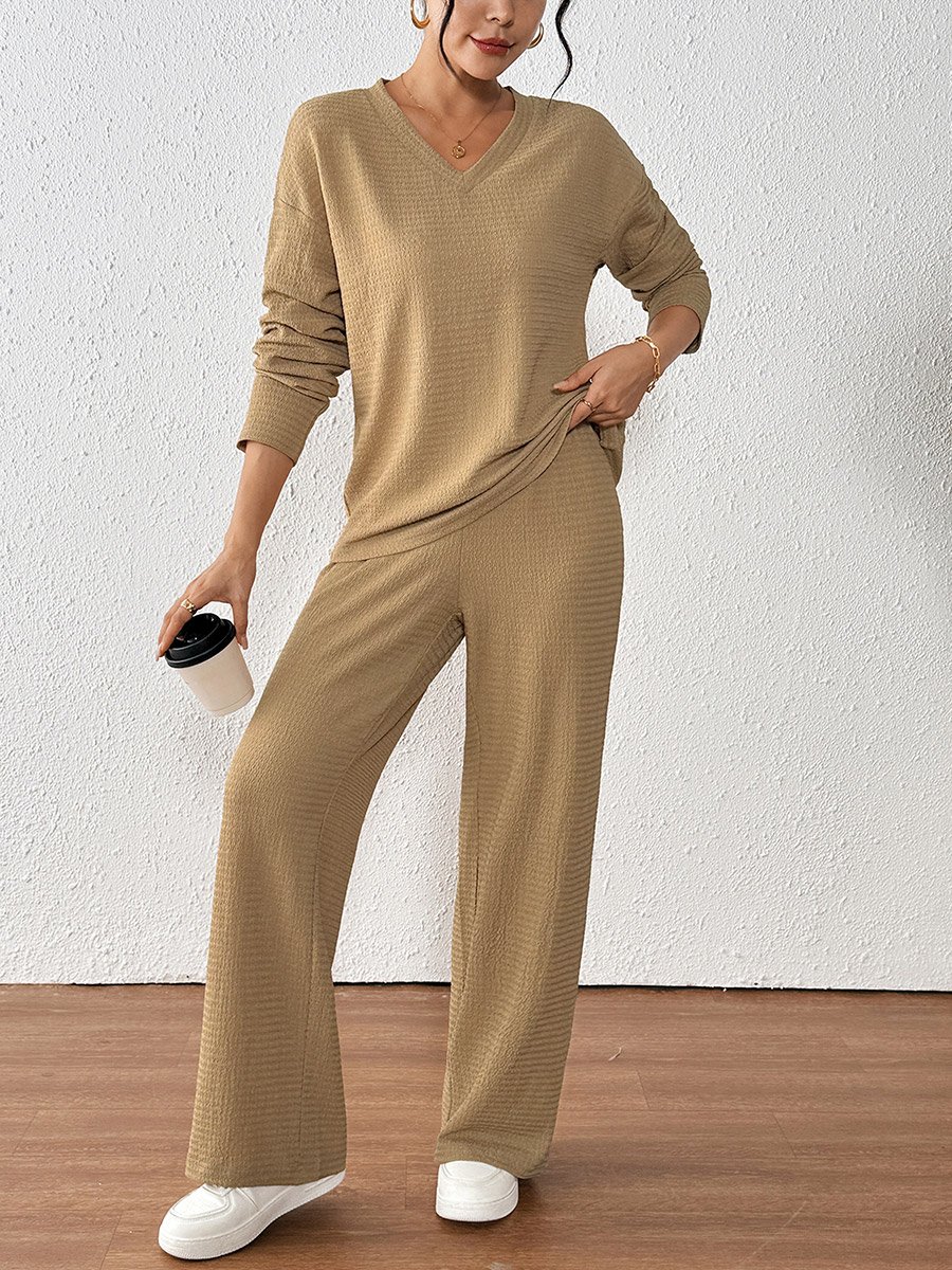 Textured V Neck Top and Straight Leg Pants Co-Ords