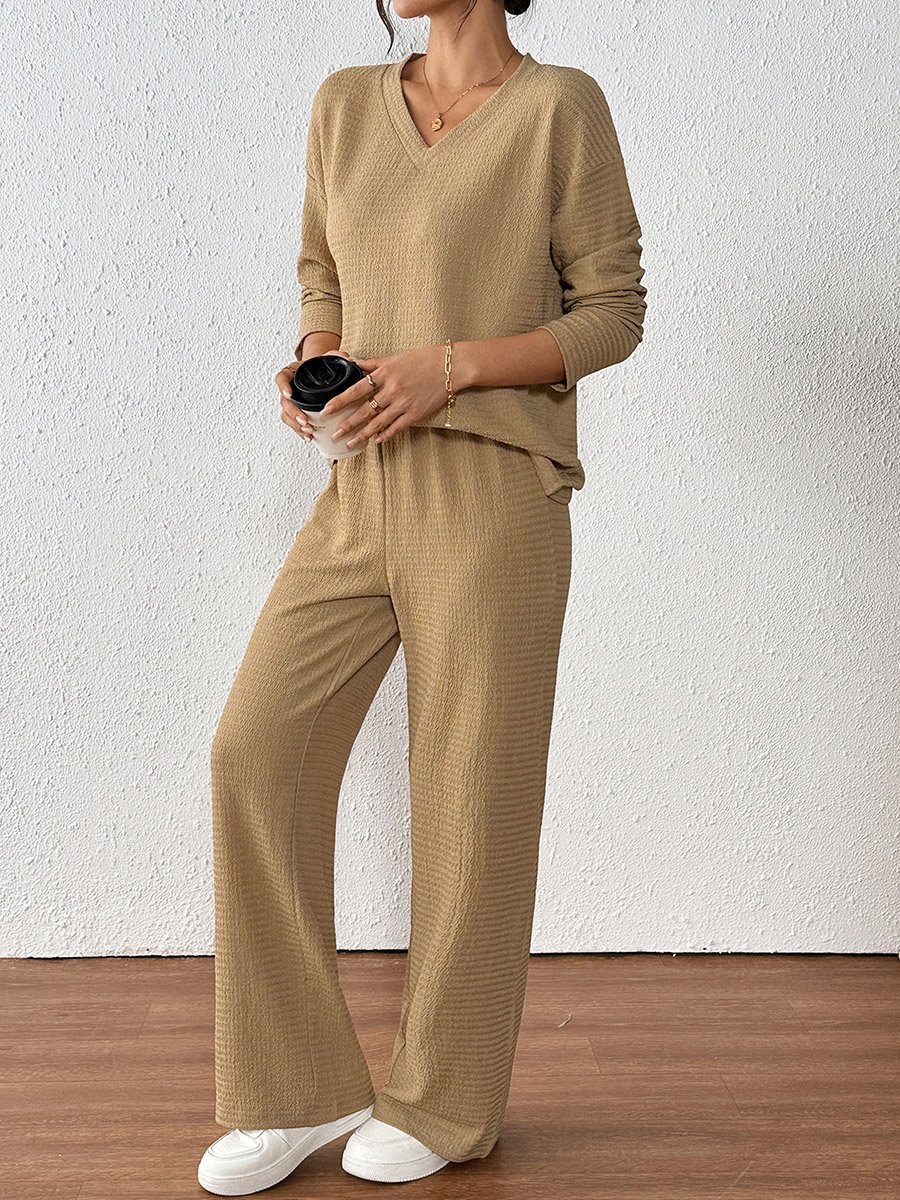 Textured V Neck Top and Straight Leg Pants Co-Ords