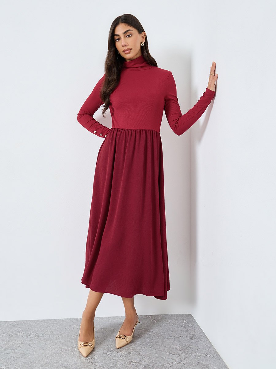 Burgundy Ribbed Turtle Neck Midi Dress