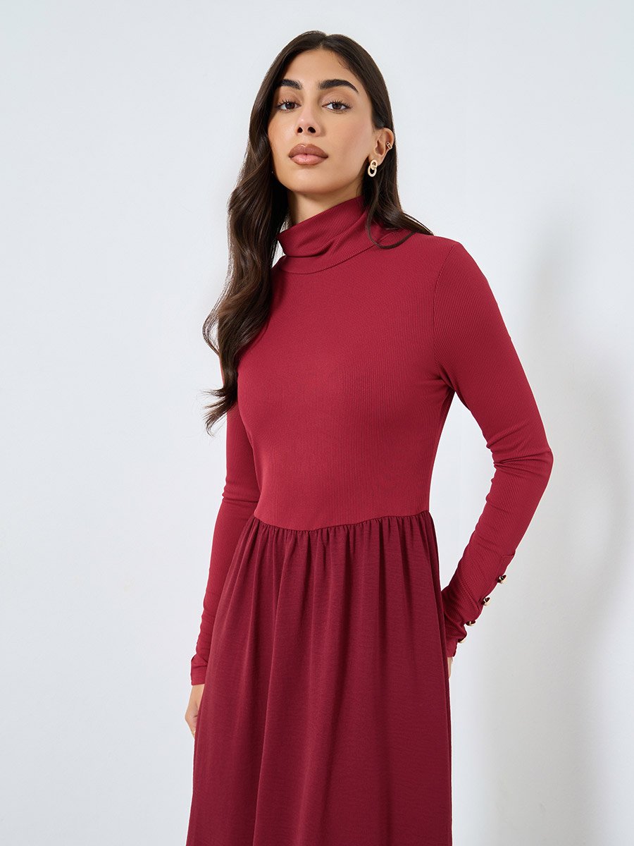 Burgundy Ribbed Turtle Neck Midi Dress