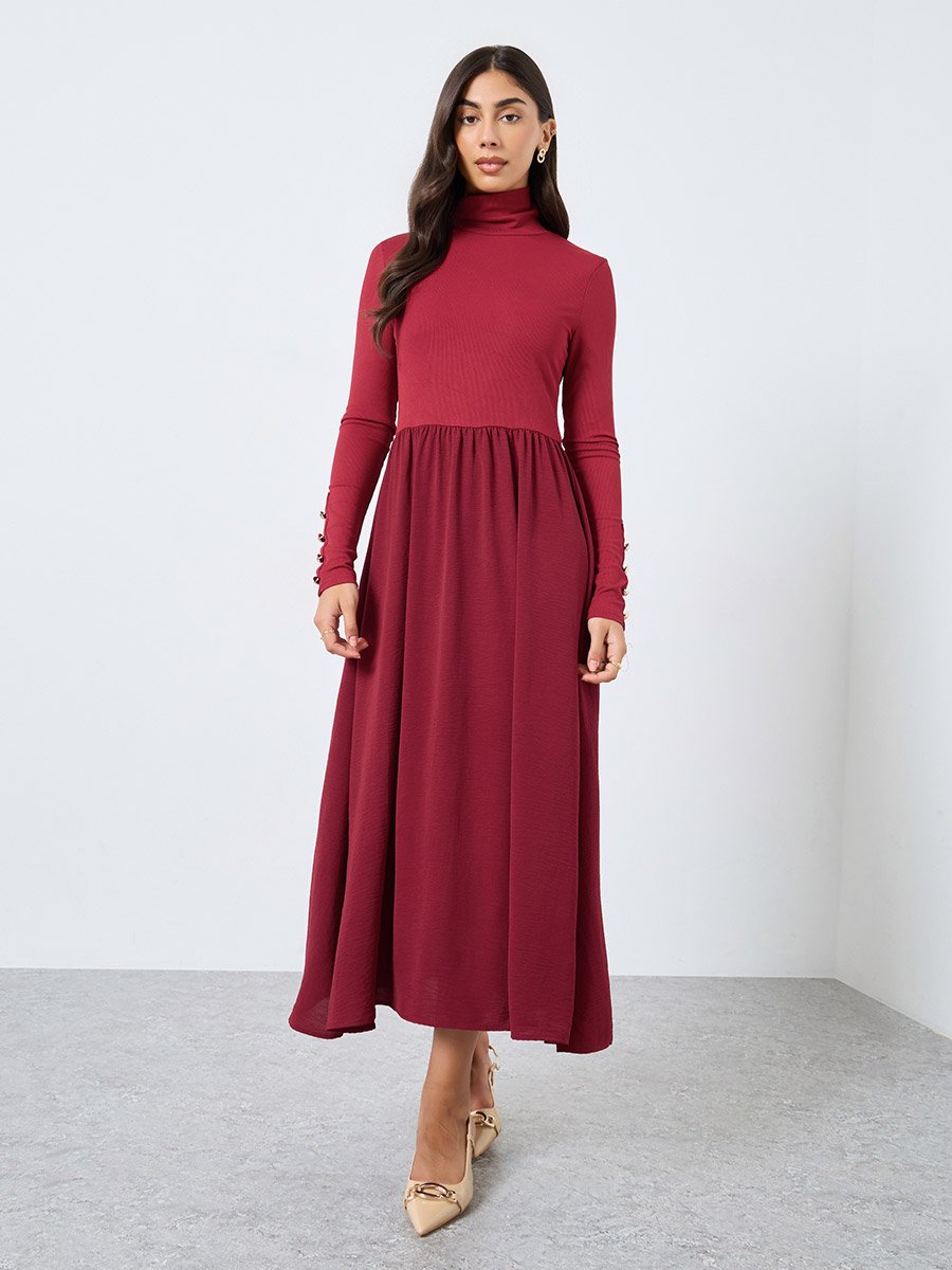 Burgundy Ribbed Turtle Neck Midi Dress