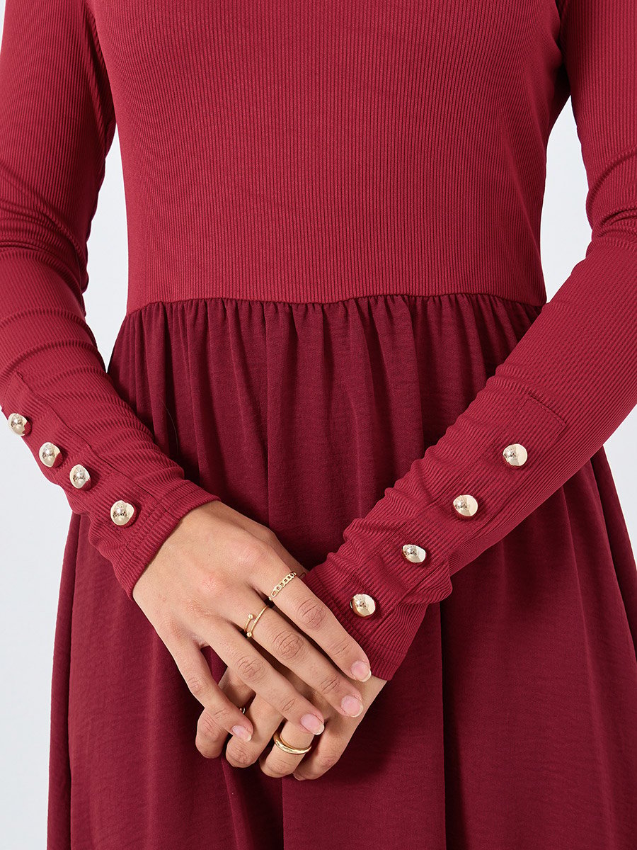 Burgundy Ribbed Turtle Neck Midi Dress
