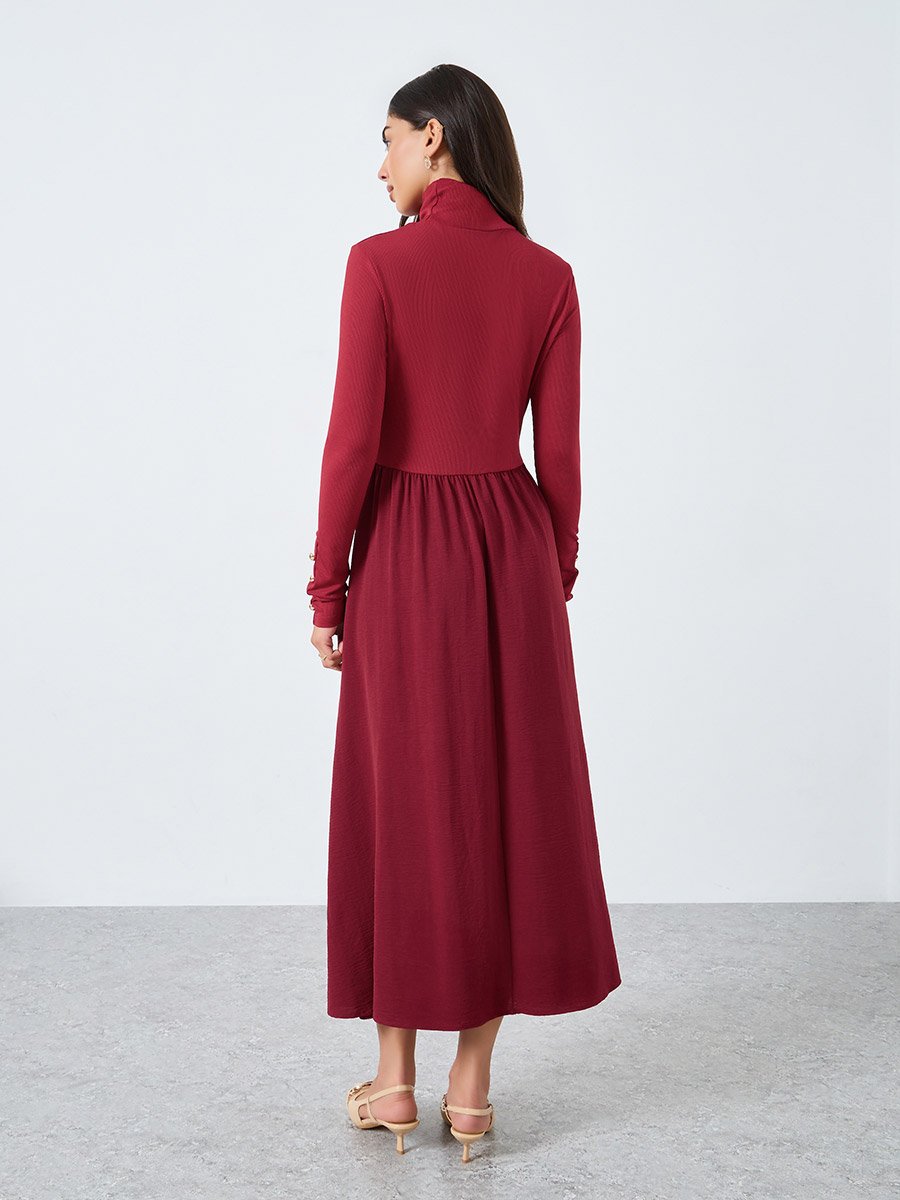 Burgundy Ribbed Turtle Neck Midi Dress
