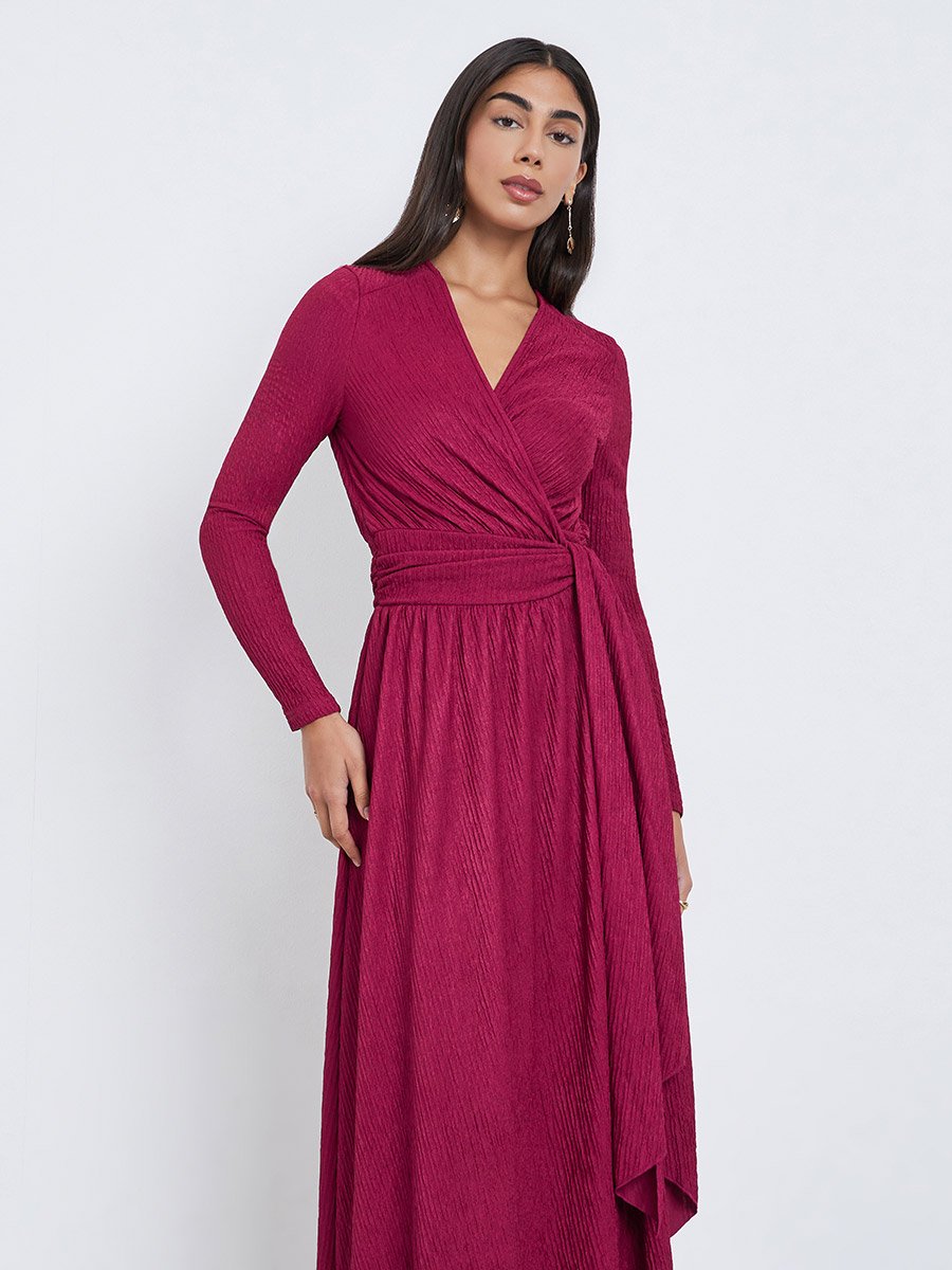 dark pink wrap dress Dusty Rose Wrap Satin Dress With Flutter Sleeves