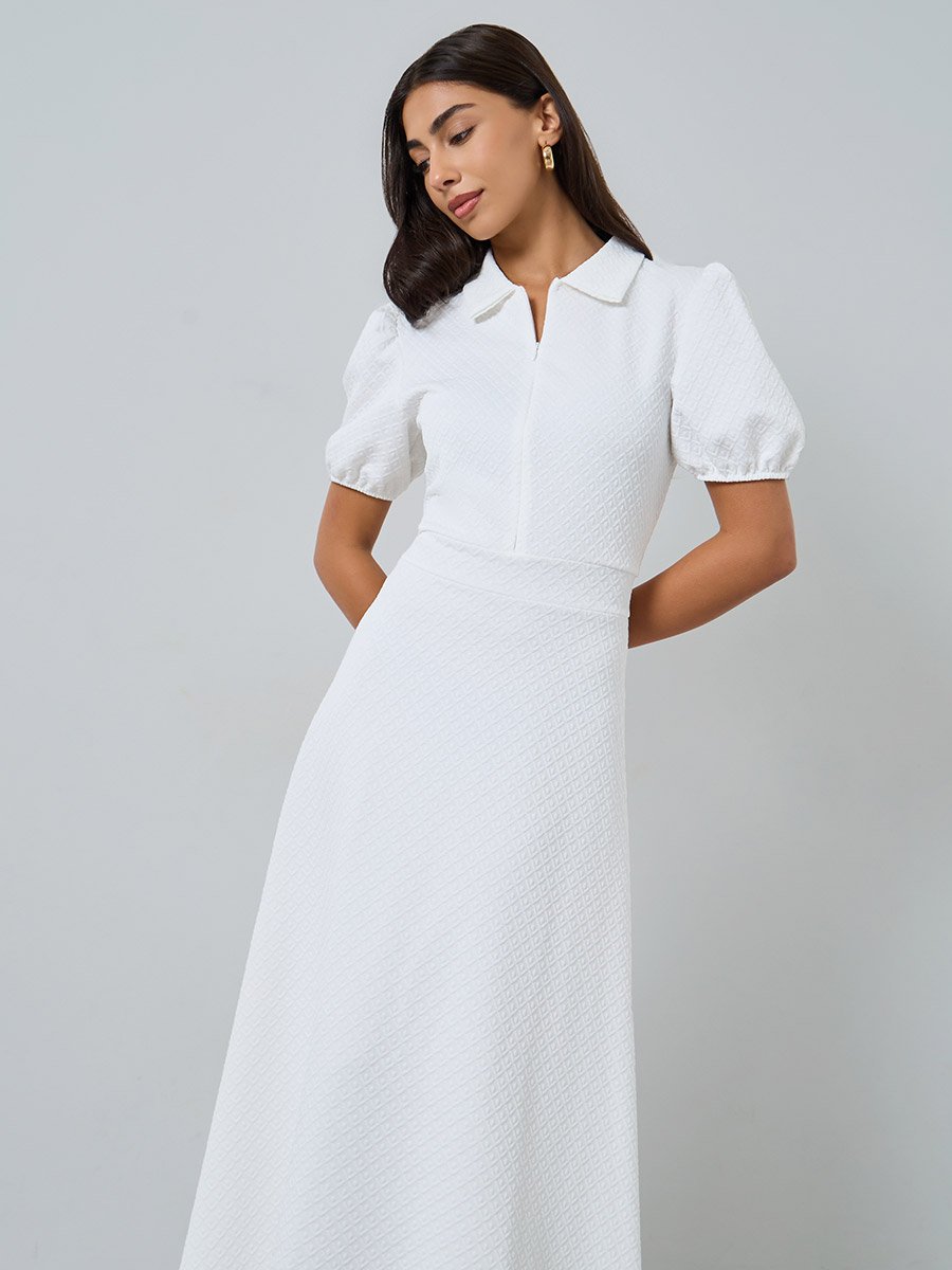 White Textured Maxi Dress with Puff Sleeves