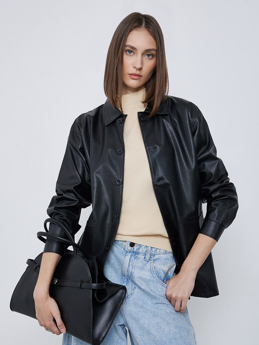 Black Oversized Longline PU Shacket