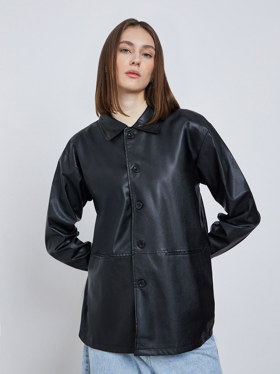 Black Oversized Longline PU Shacket