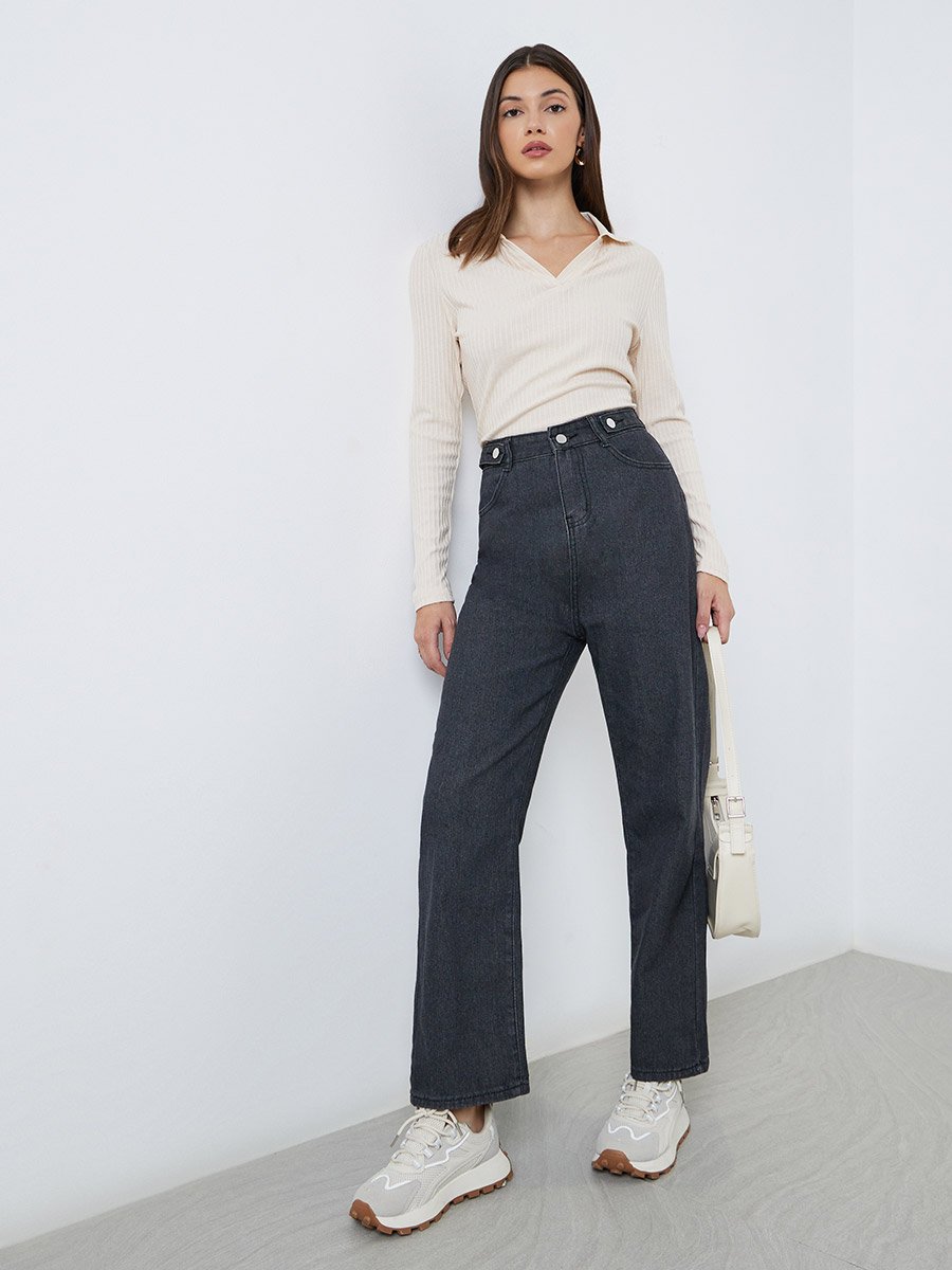 Off White Textured Knit Top with Open Collar