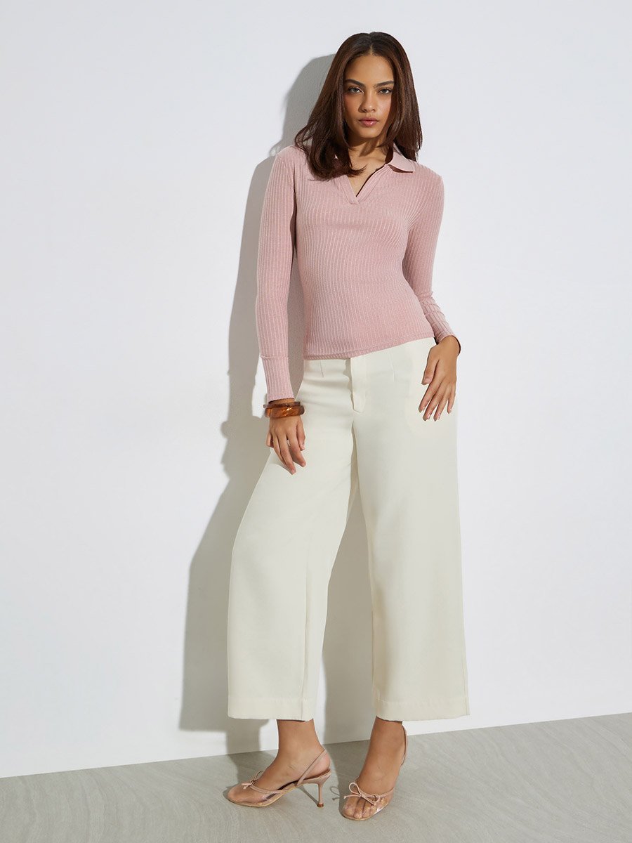 Light Pink Textured Knit Top with Open Collar For Women at Saudi
