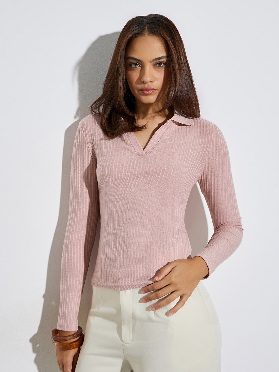 Light Pink Textured Knit Top with Open Collar
