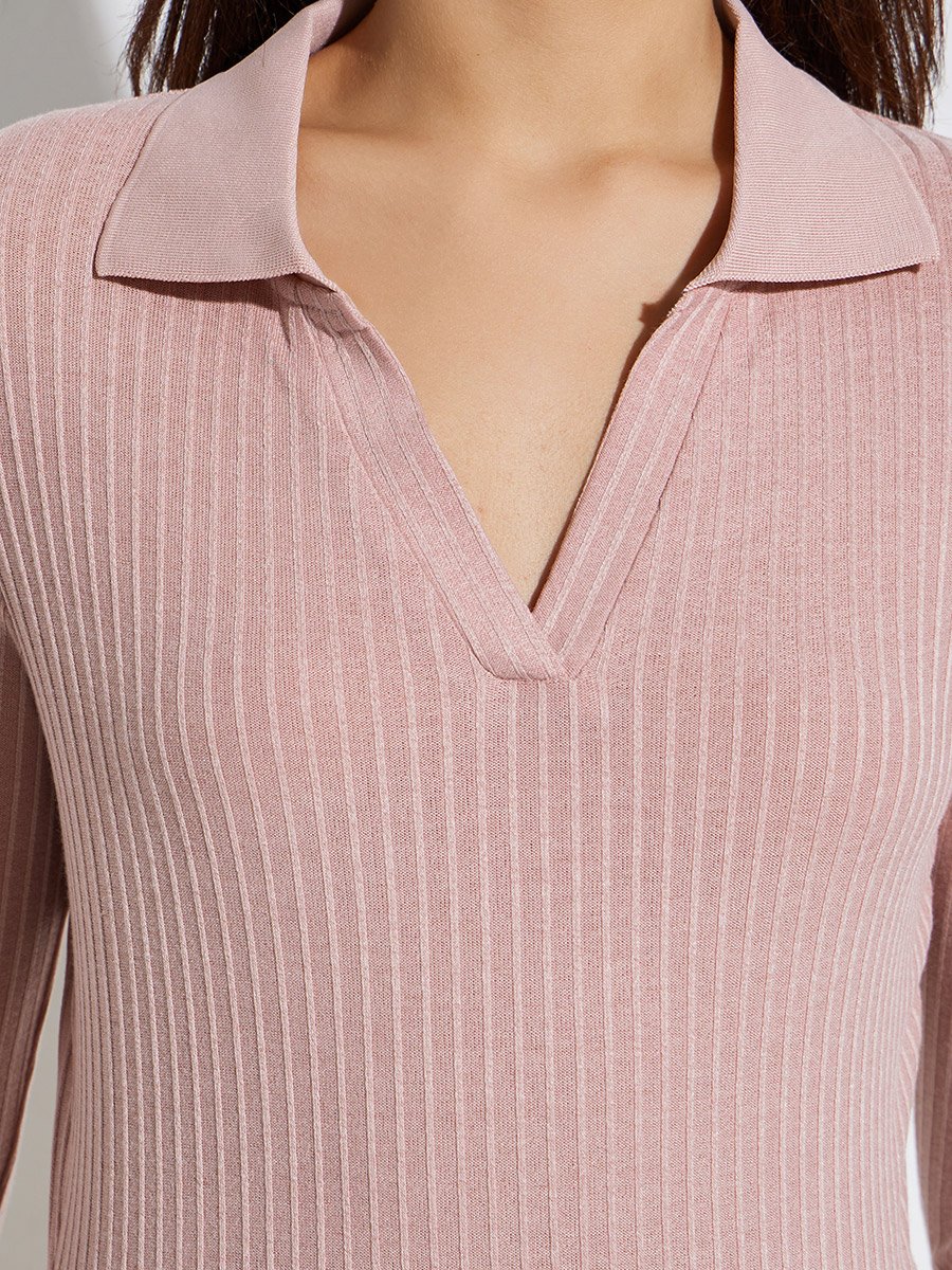 Light Pink Textured Knit Top with Open Collar