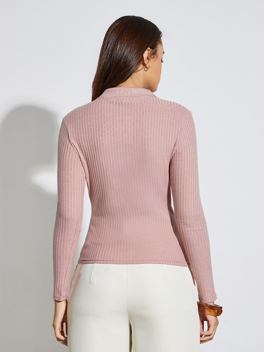 Light Pink Textured Knit Top with Open Collar
