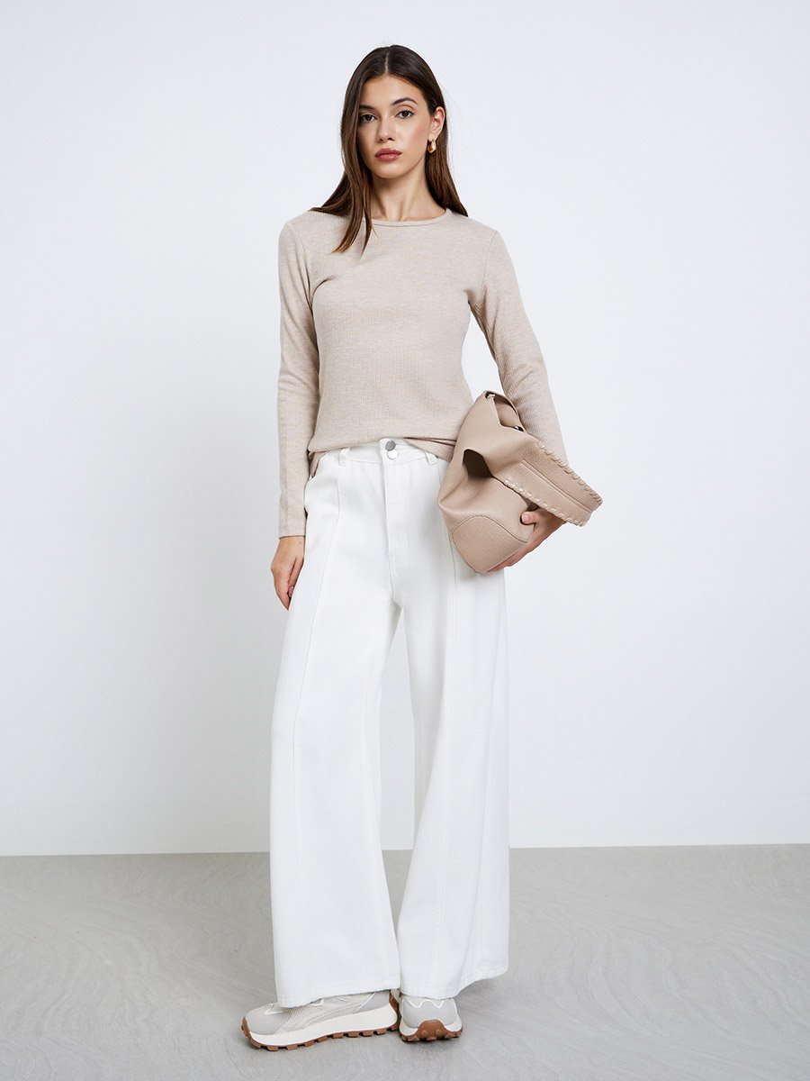 Cream Flat Knit Top with Long Sleeves