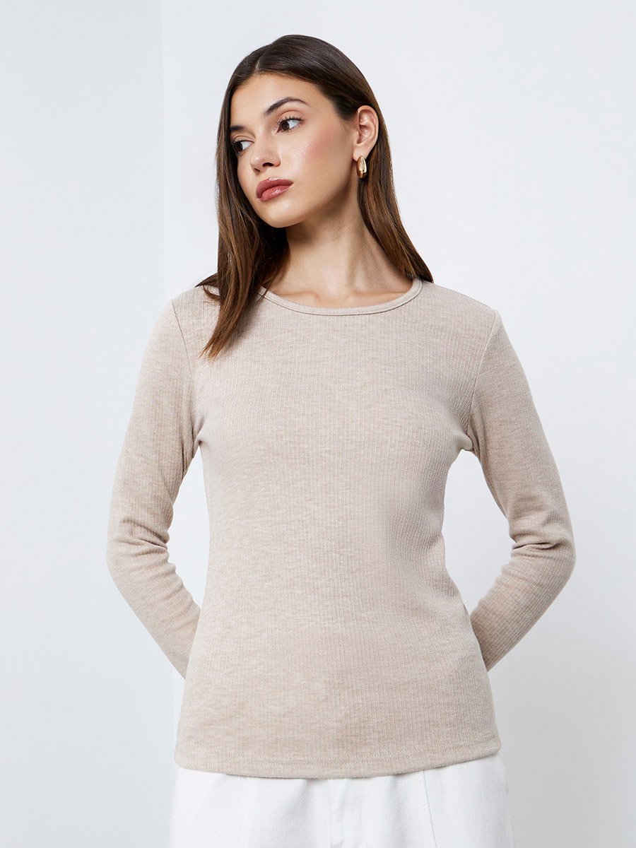Cream Flat Knit Top with Long Sleeves