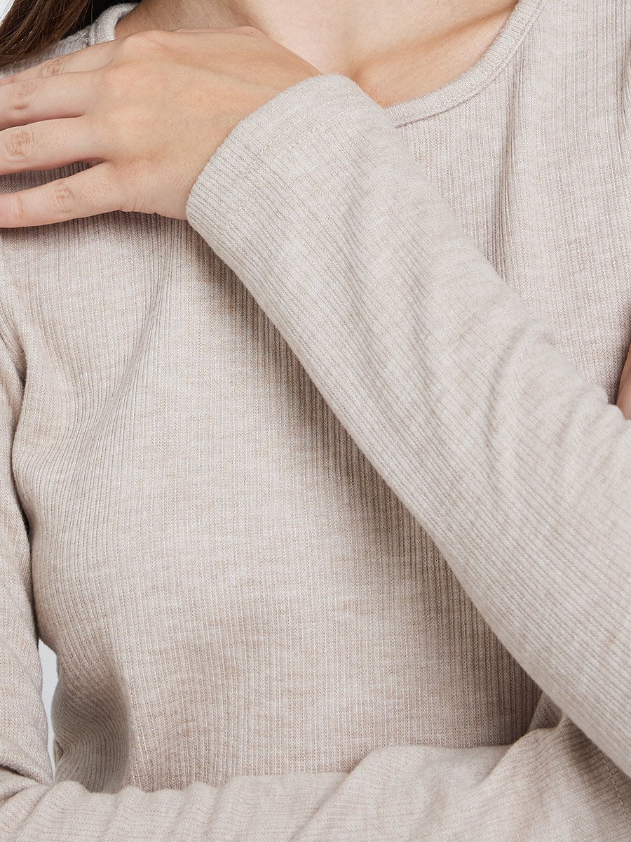 Cream Flat Knit Top with Long Sleeves