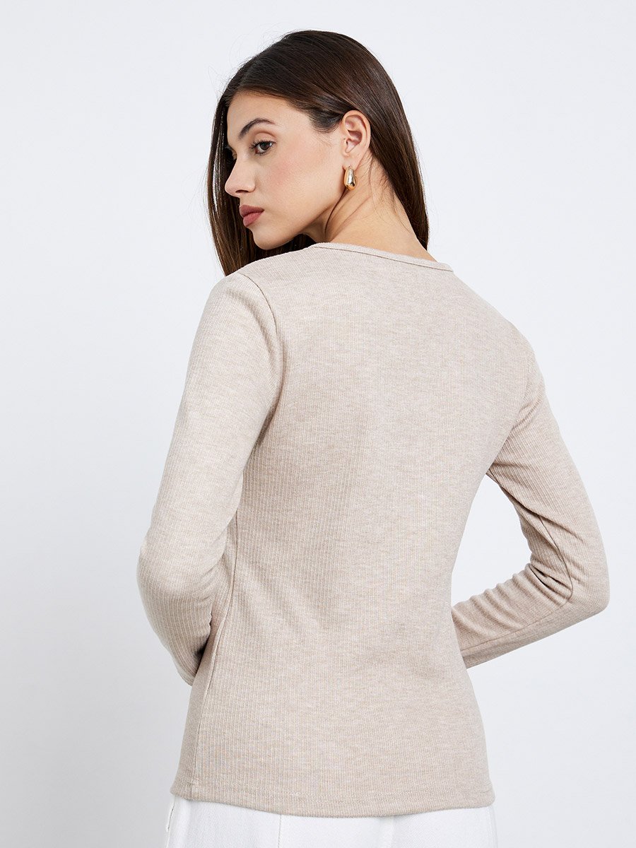 Cream Flat Knit Top with Long Sleeves