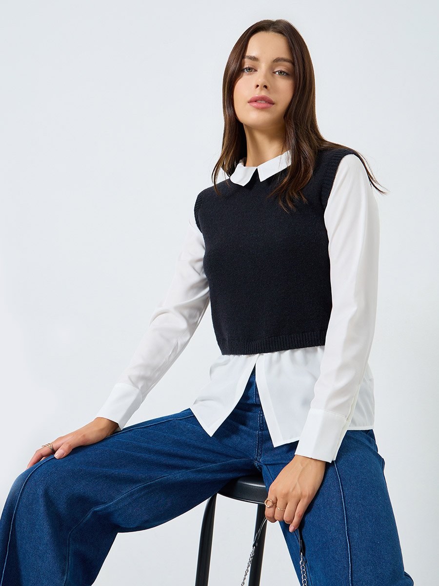 Sleeveless Black Knit Vest with Shirt