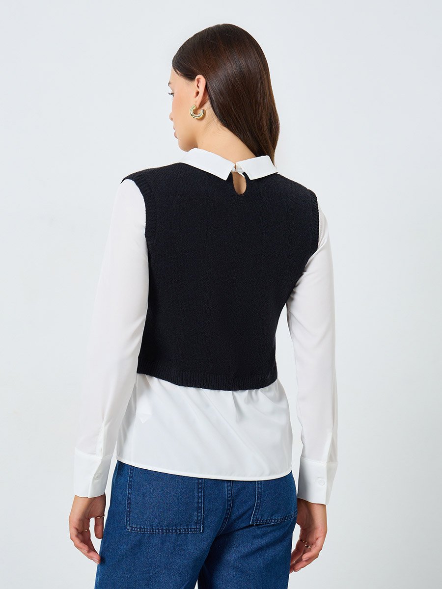 Sleeveless Black Knit Vest with Shirt