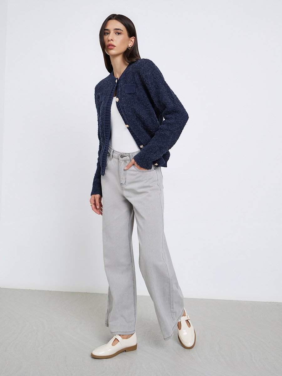 Navy Blue Regular Fit Mixed Yarn Cardigan