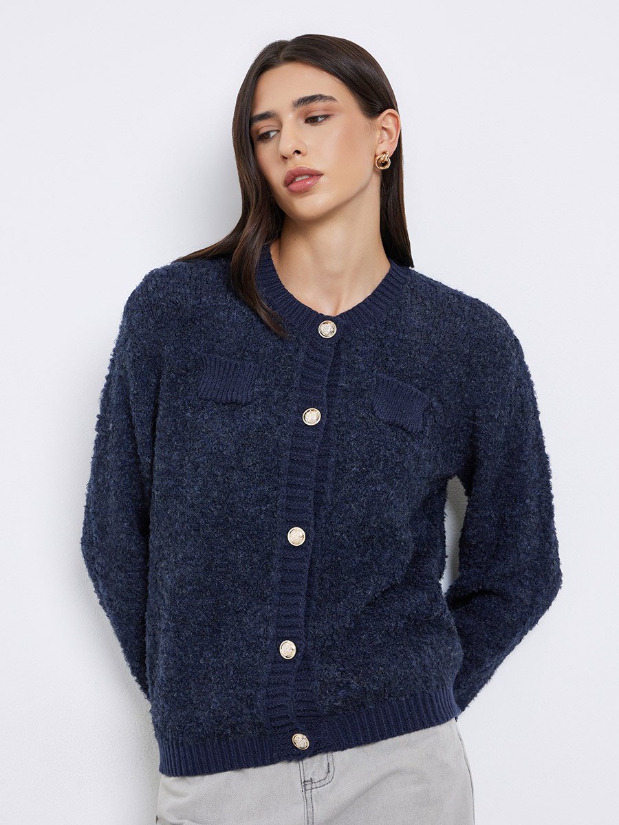 Navy Blue Regular Fit Mixed Yarn Cardigan