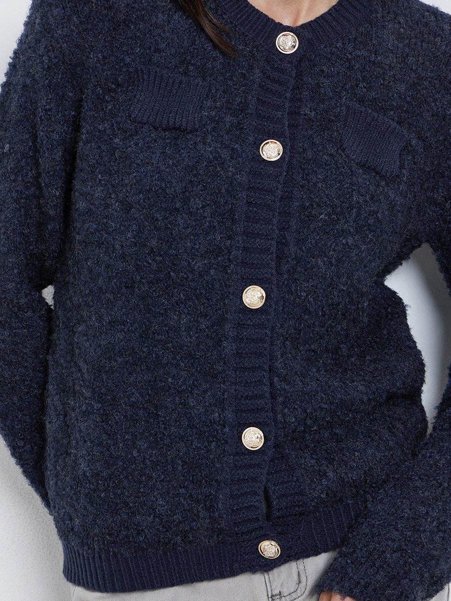 Navy Blue Regular Fit Mixed Yarn Cardigan