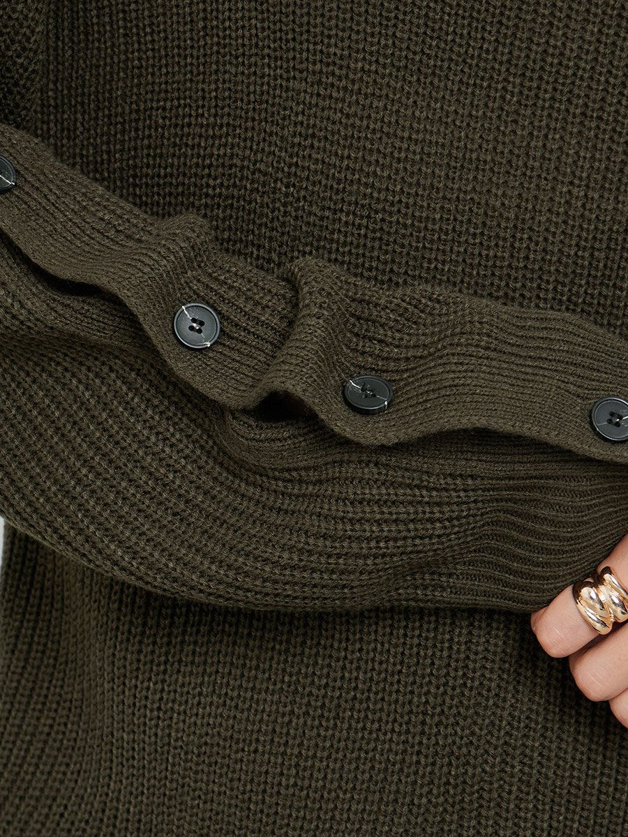 Olive Green Regular Fit Button-Detail Sweater