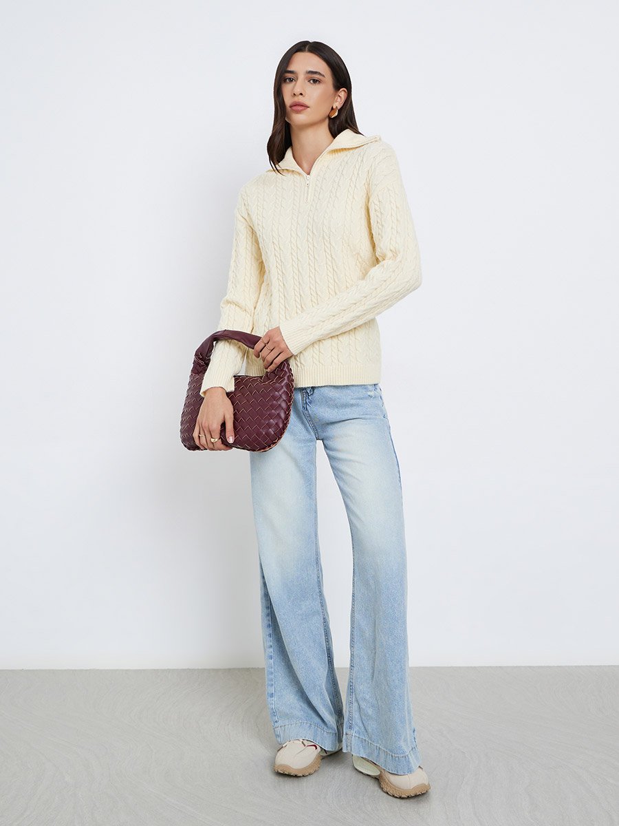 Cream Regular Fit Cable Knit Sweater