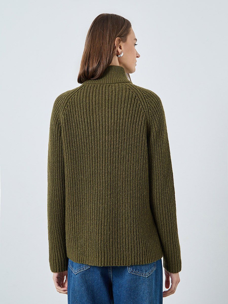 Olive Regular Fit Zip Up Sweater