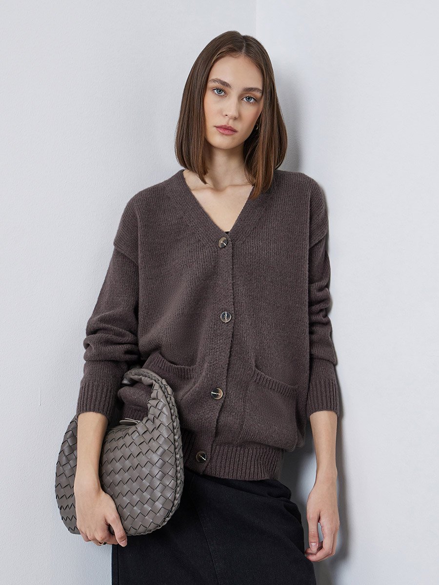 Brown Oversized Knit Buttoned Cardigan