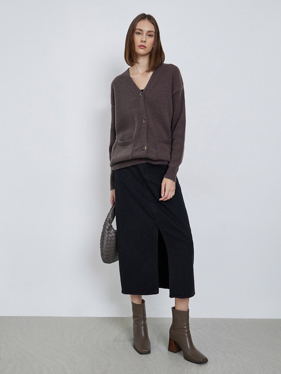 Brown Oversized Knit Buttoned Cardigan