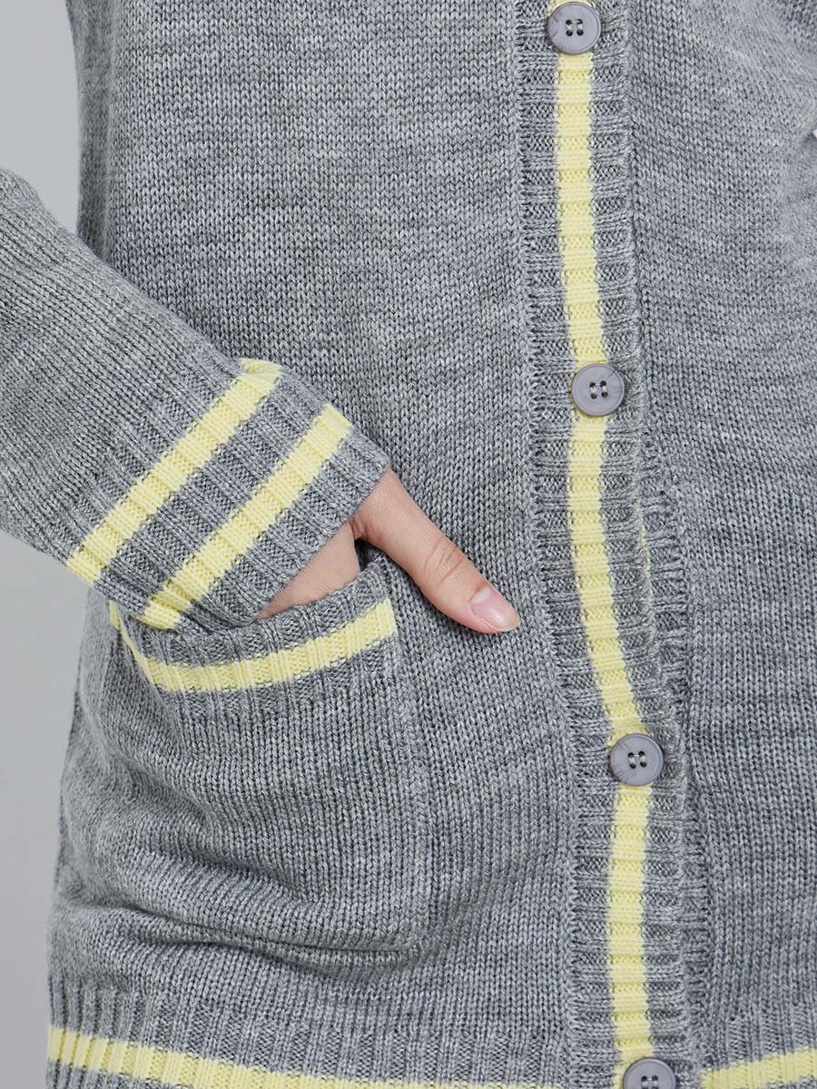 Grey Regular Fit Striped Buttoned Cardigan