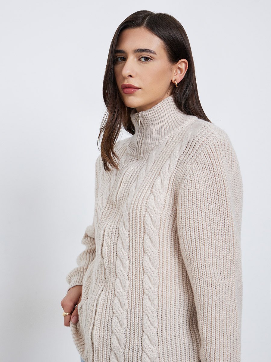 Beige Chunky Cable Knit Zip-Up Sweater