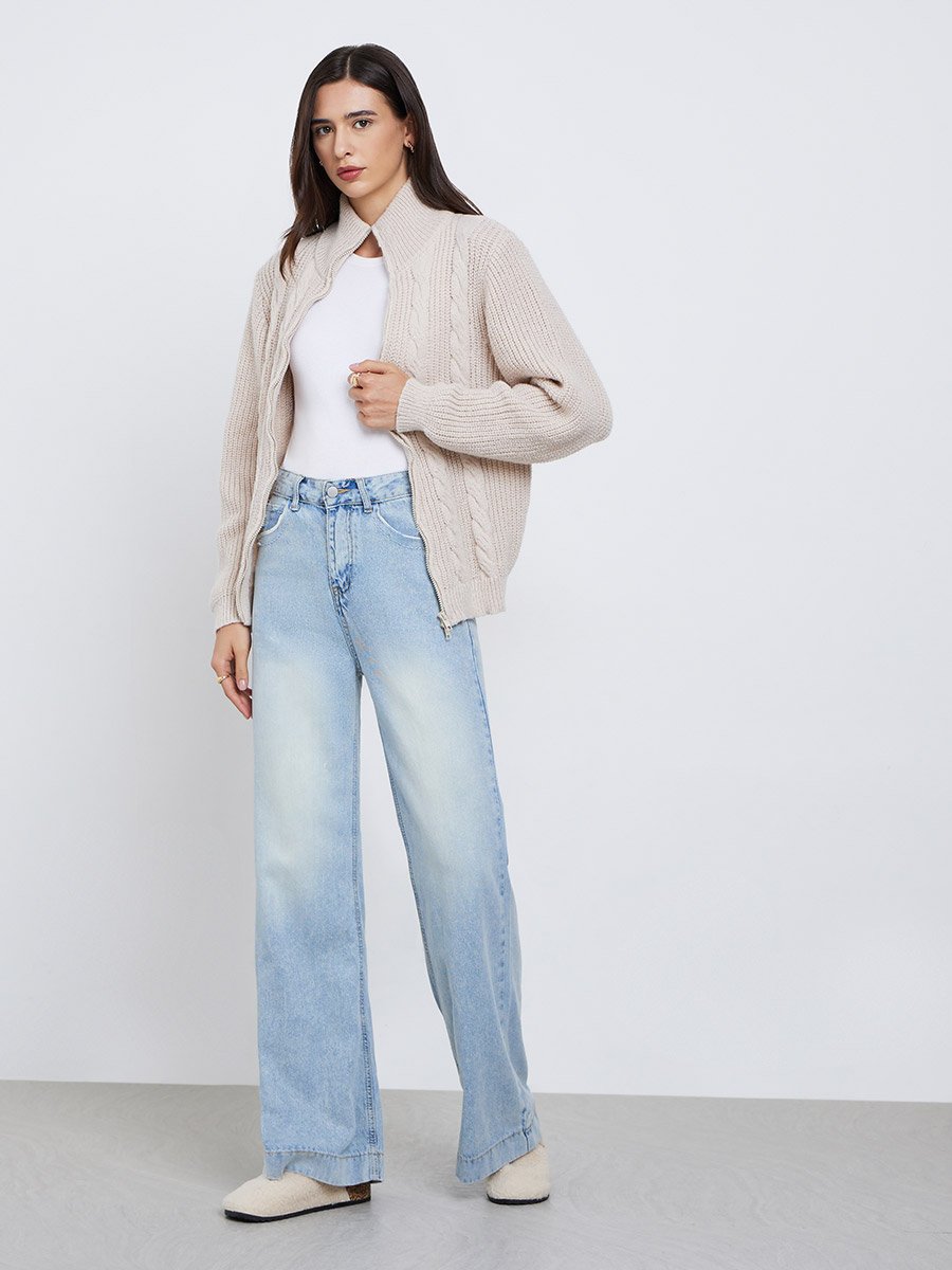 Beige Chunky Cable Knit Zip-Up Sweater