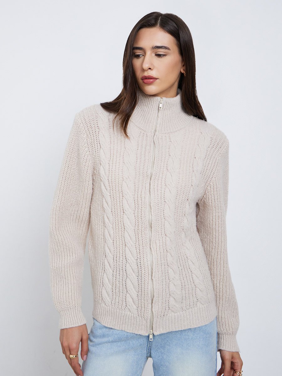 Beige Chunky Cable Knit Zip-Up Sweater