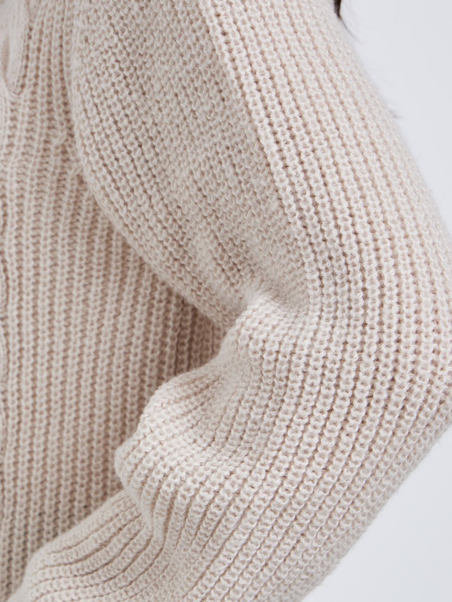 Beige Chunky Cable Knit Zip-Up Sweater