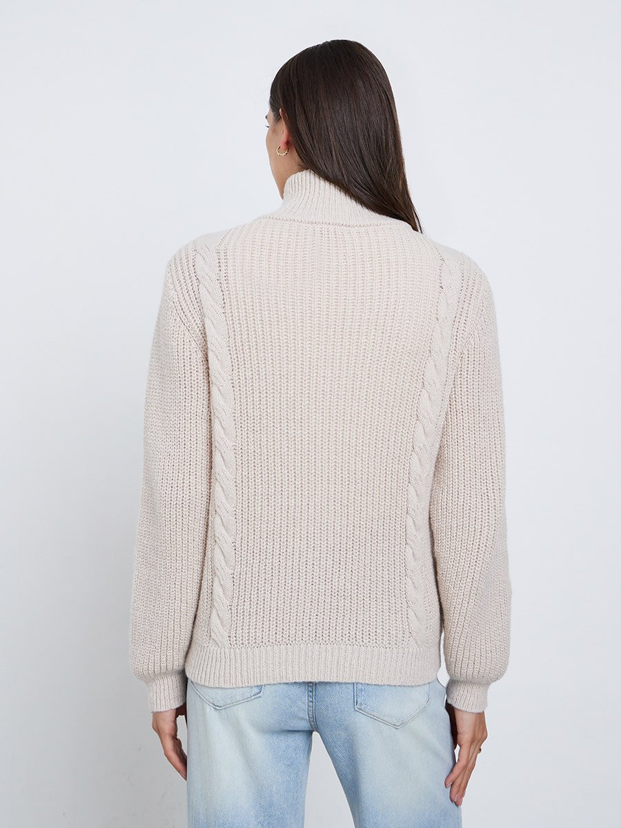 Beige Chunky Cable Knit Zip-Up Sweater