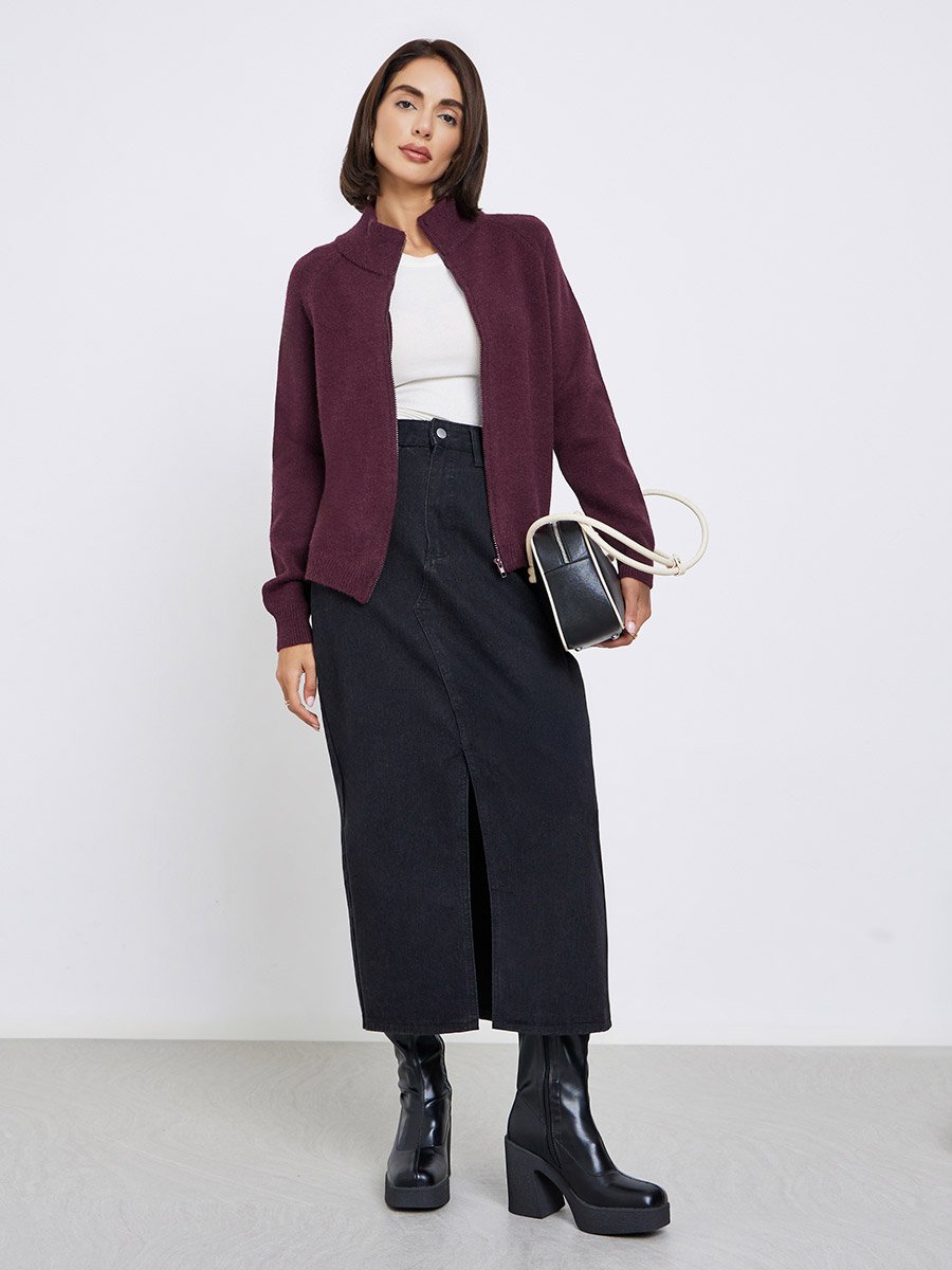 Burgundy Regular Fit Zip-Up Sweater