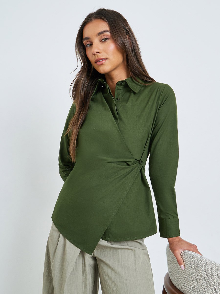 Green Cotton Wrap Shirt with Long Sleeves