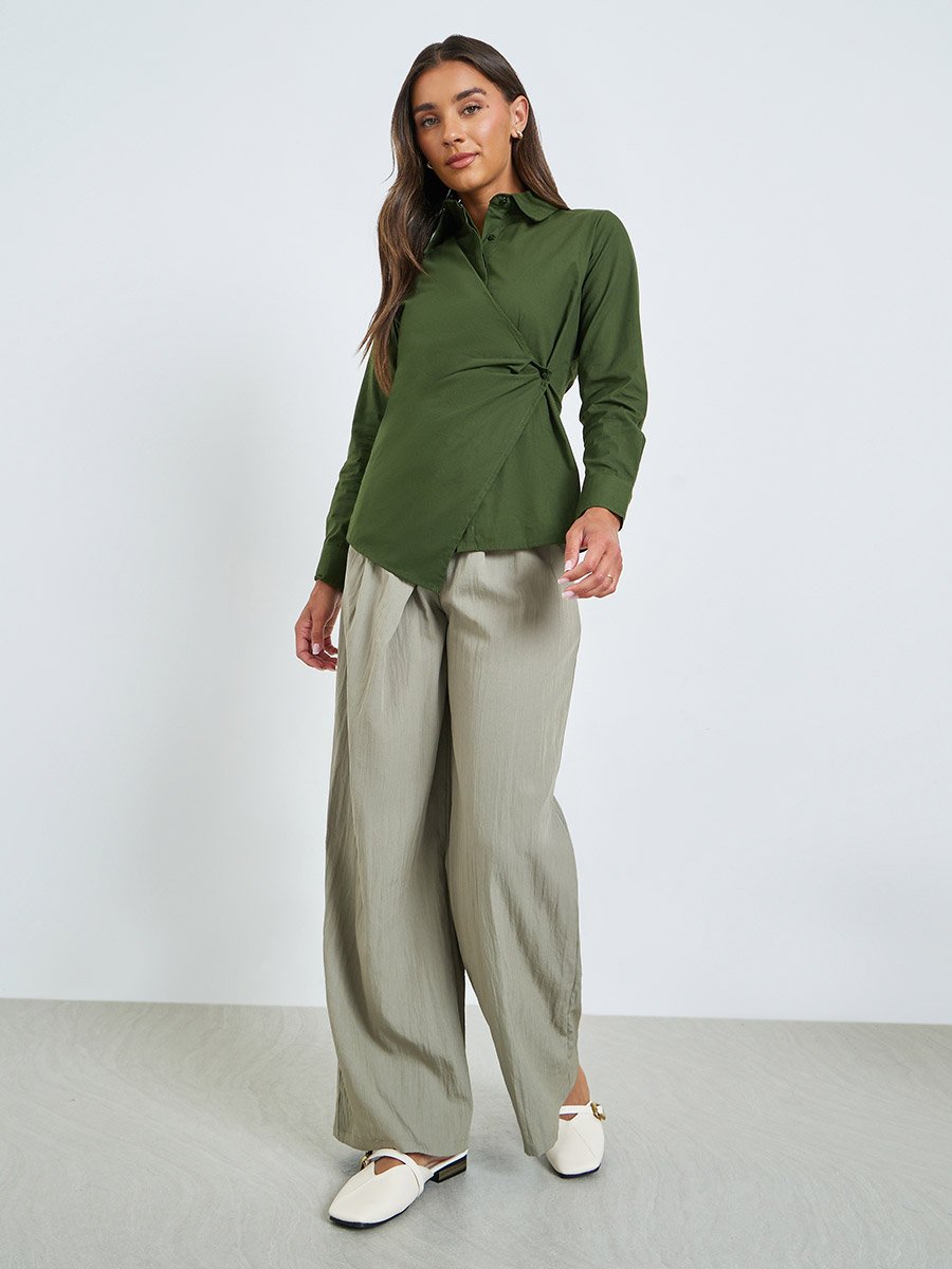 Green Cotton Wrap Shirt with Long Sleeves