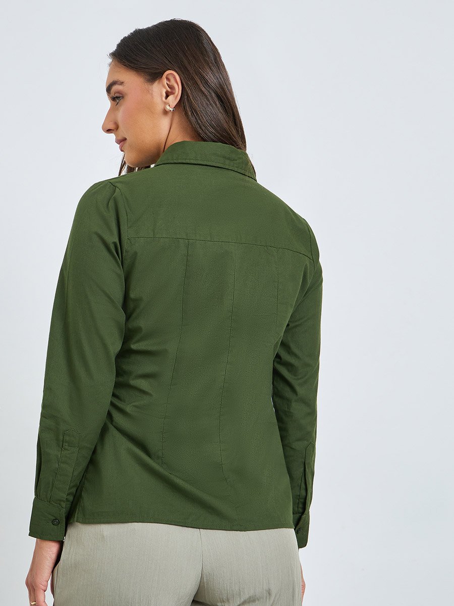 Green Cotton Wrap Shirt with Long Sleeves