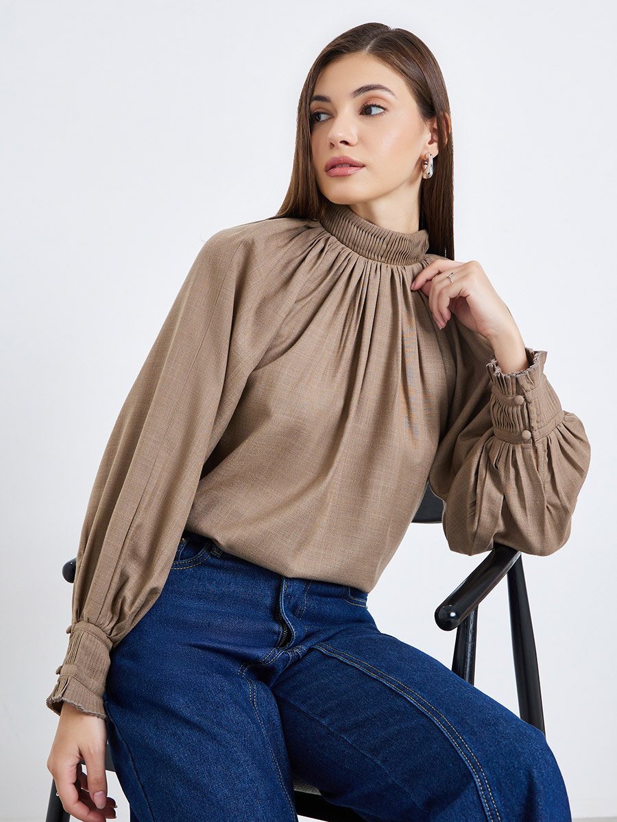 Women Beige Pleated Balloon Sleeve Blouse
