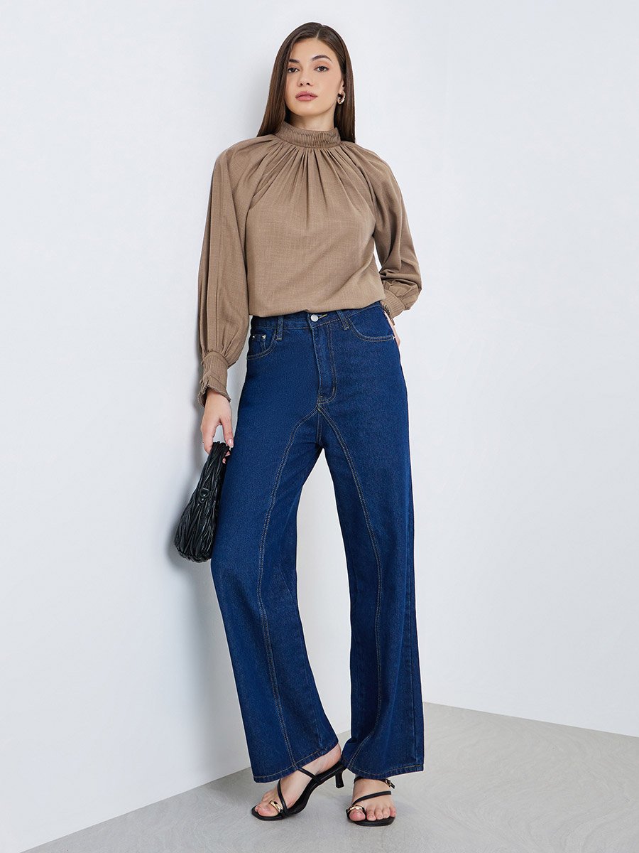 Women Beige Pleated Balloon Sleeve Blouse