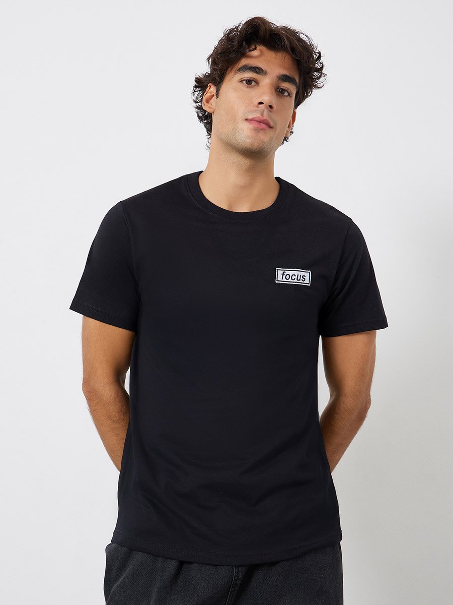 Men Black Embroidered Regular Fit Jersey T-Shirt