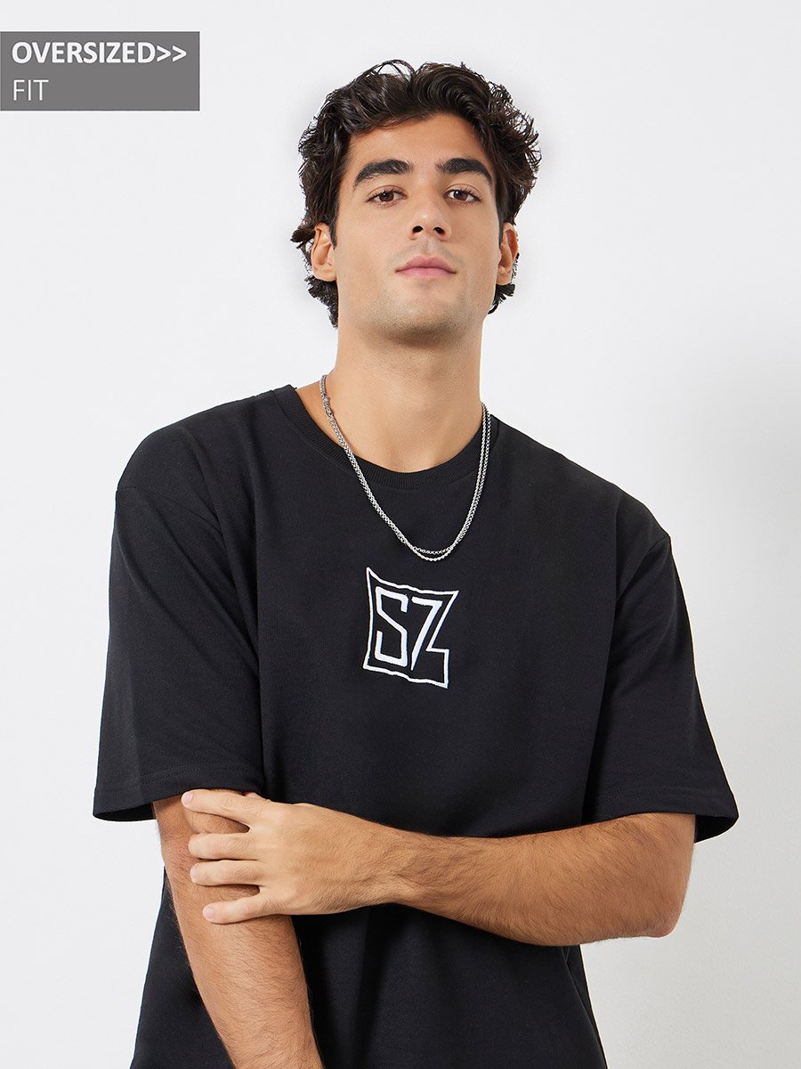 Men Black Oversized Embroidered Terry T-Shirt