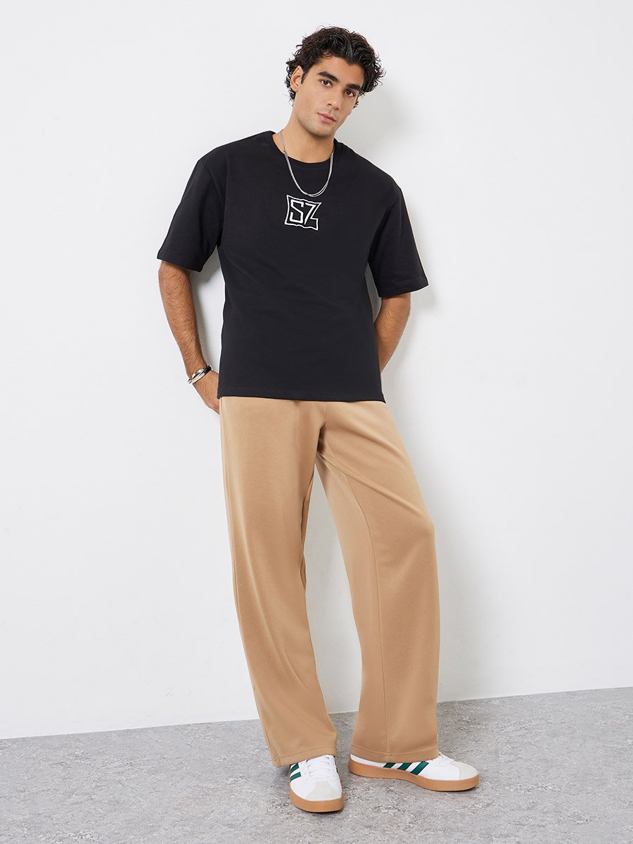 Men Black Oversized Embroidered Terry T-Shirt